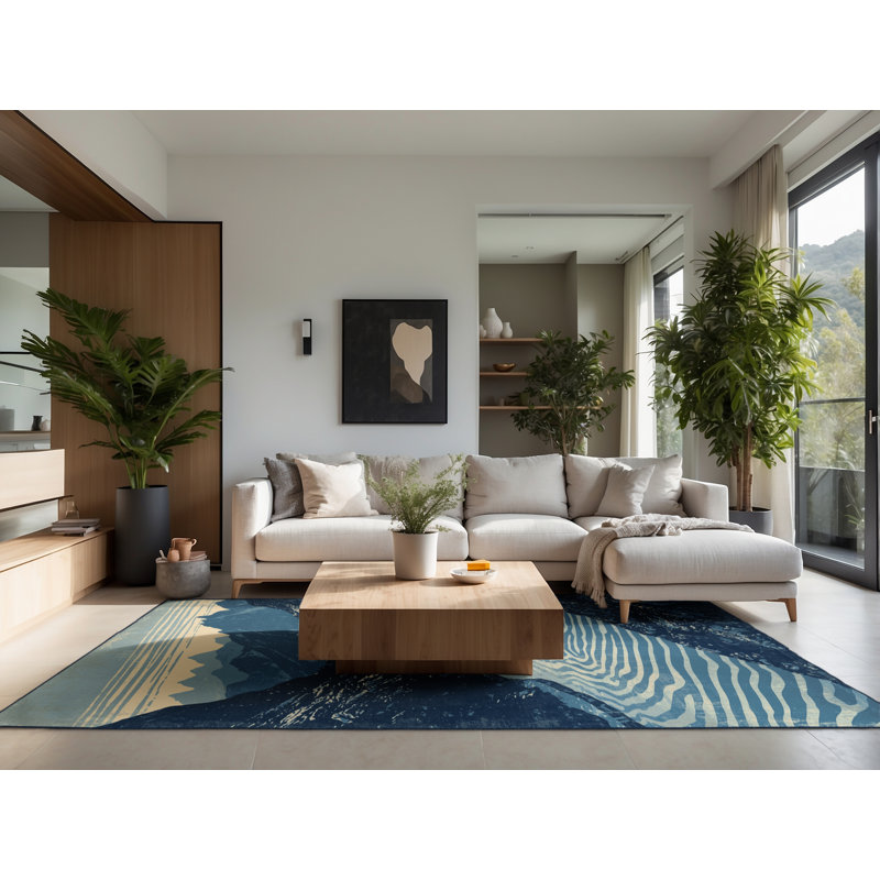Tapis bleu moelleux moelleux et moderne au look rustique et rétro - bleu marine, 6 x 9