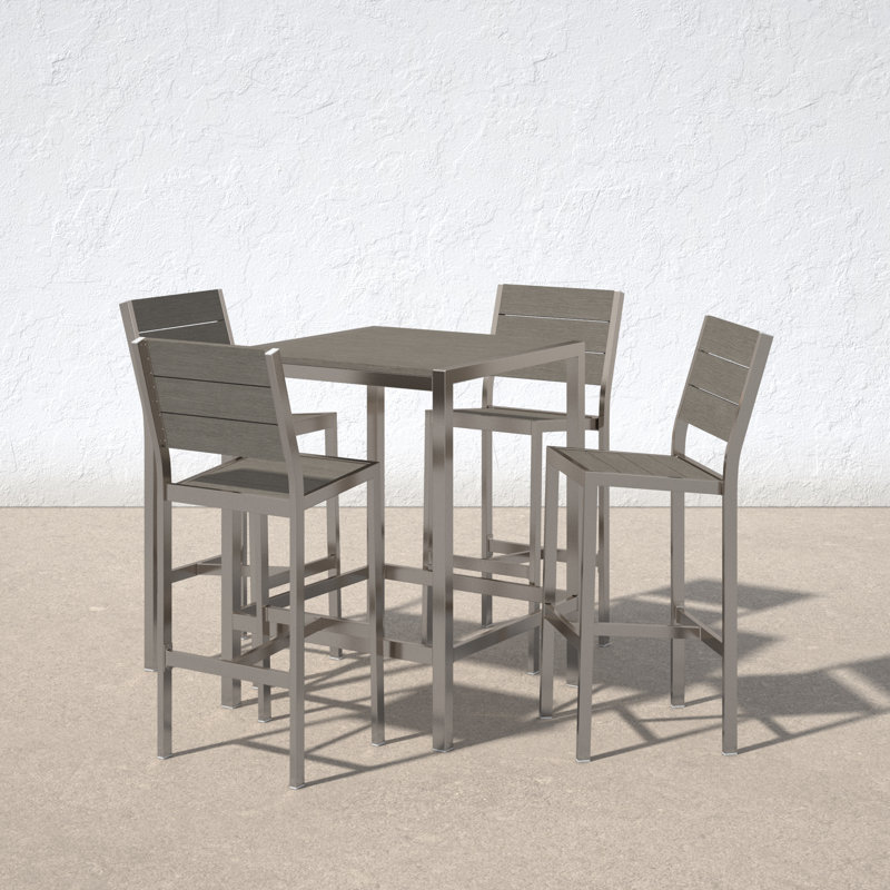 Bayaud Square 4-Person 28'' Aluminum Bar-Height Outdoor Dining Set – Modern Patio Pub Set with Rust-Free Frame & Poly Resin Wood-Style Tabletop in Grey