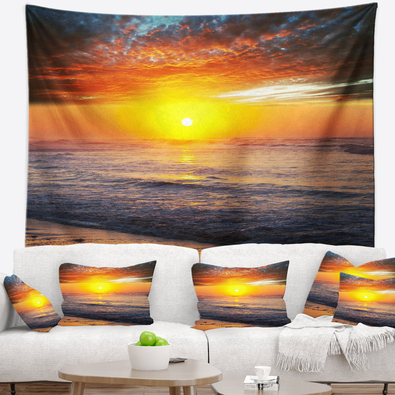 Tapisserie à coucher de soleil par-dessus de plage bleu vif, H 50 po x l 60 po