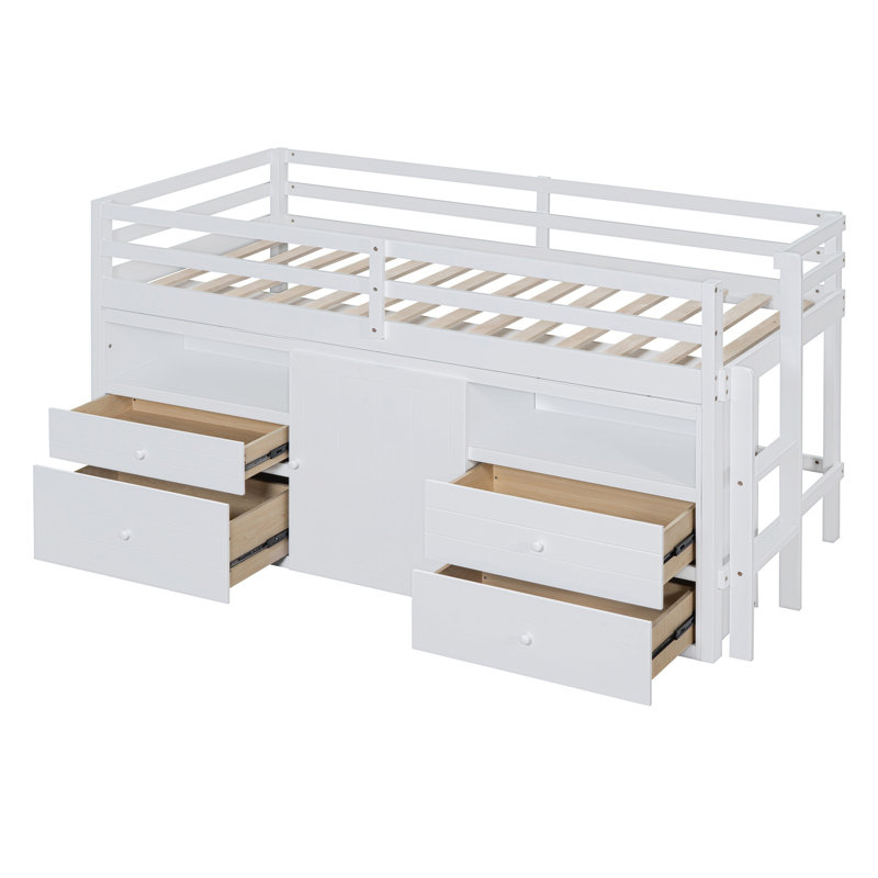 Lit mezzanine simple avec 4 tiroirs, armoire et tablettes sous le lit, lit mezzanine avec rangement blanc pour enfants, conception peu encombrante