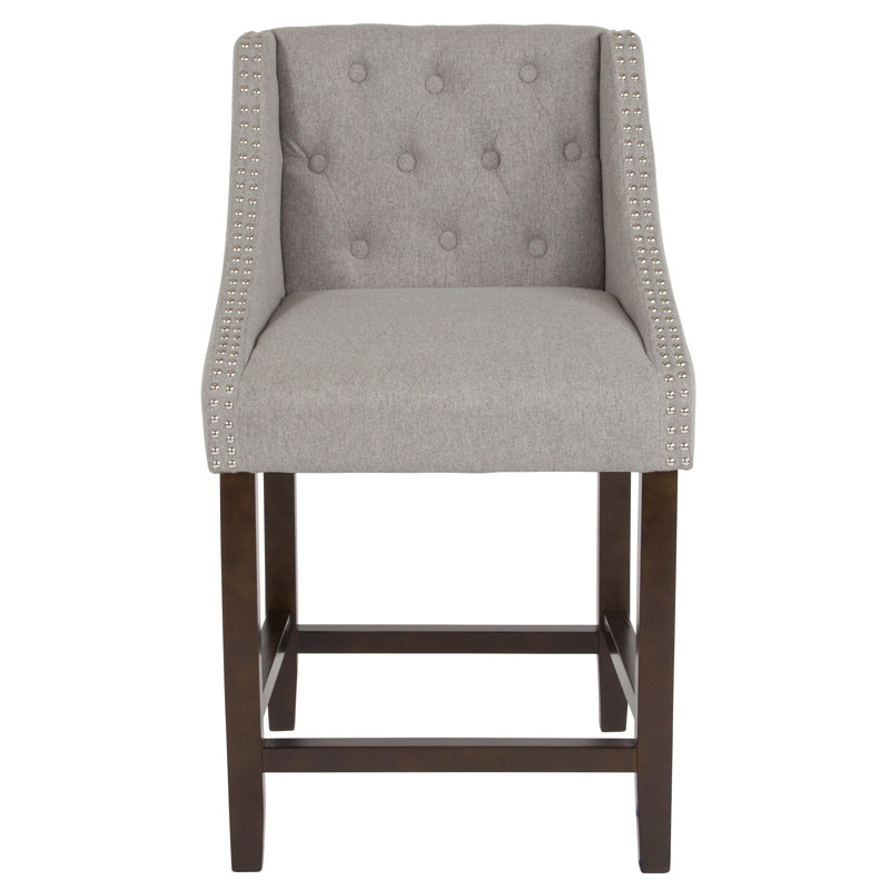 Light Gray Tufted Walnut Wood Counter Stools with Nail Trim, Set of 2