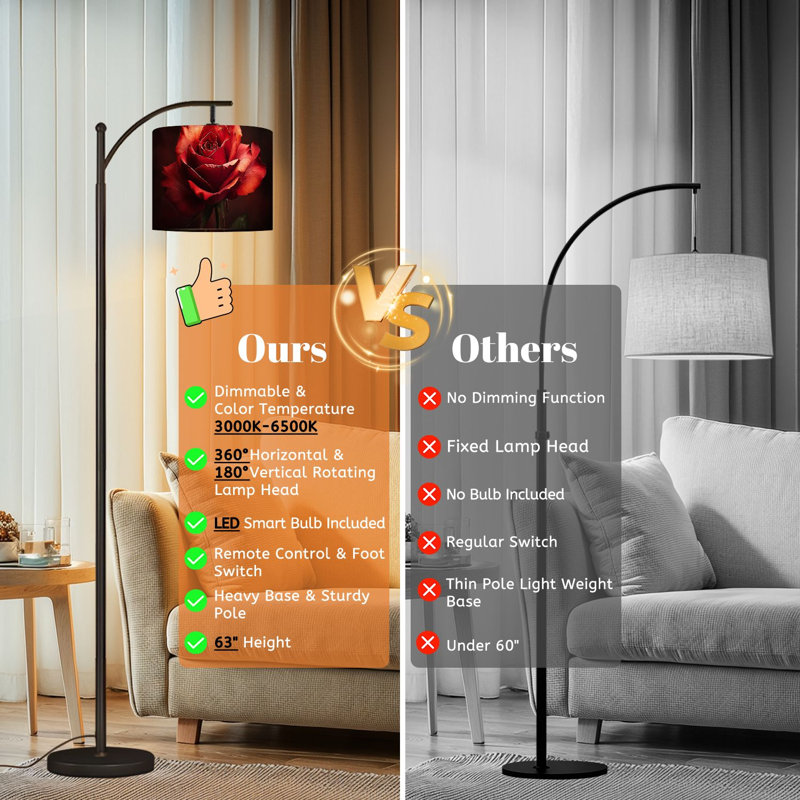 Lampe sur pied à arc avec abat-jour réglable, rose vif, pleine floraison, rouge foncé, orange, lampe sur pied, 3 températures de couleur, intensité variable, grand mât avec interrupteur au pied pour la chambre à coucher