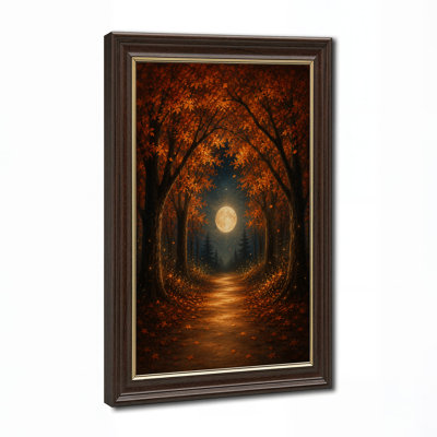 Art sur toile orange, arbres d'automne orange encadrant la pleine lune sur forêt