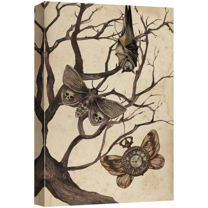 Moth and Cat debout sur un arbre, gothique, maussade, illustrations foncées, art moderne, Toile tendue, H 18 po x l 12 po