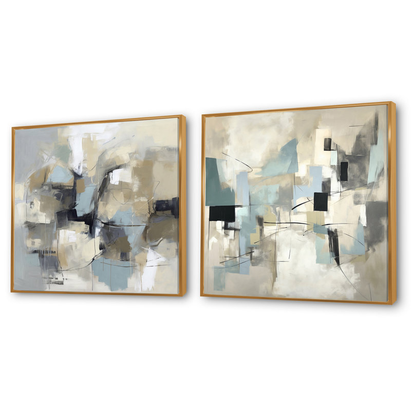 Beige et gris, créativité sans limite - ensemble de 2 collages carrés de peinture abstraite, Cadre flottant doré