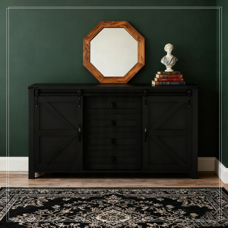 Buffet de 55,1 pouces avec rangement avec portes de grange coulissantes et 4 tiroirs, Noir