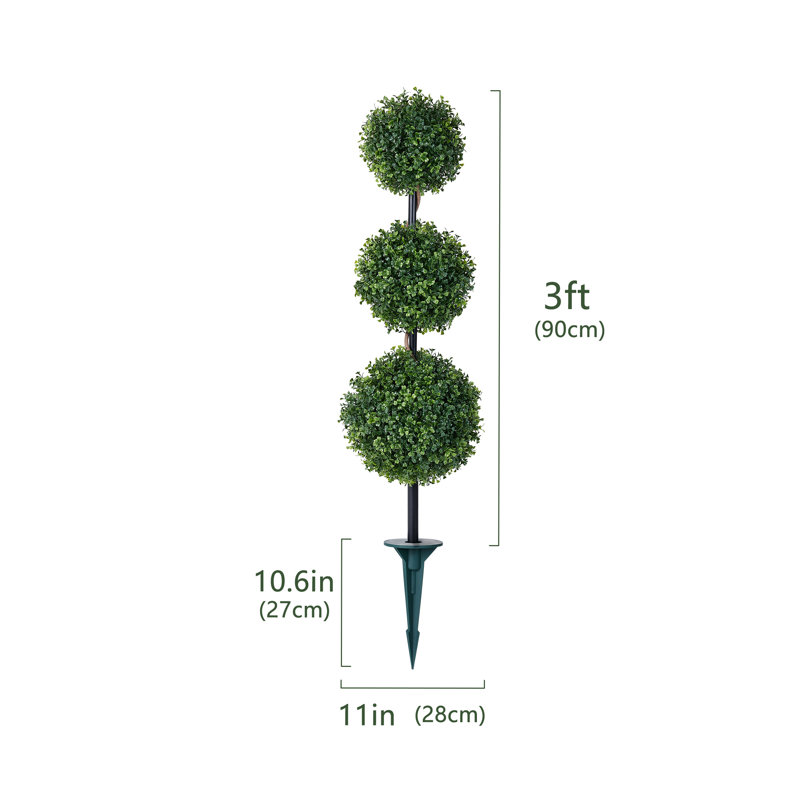Set of 2 Artificial Triple Ball Boxwood Topiary Tree, 36in Outdoor Topiary Tree UV Resistant Fade Resistant Ground Spike Lawn Stake - for Front Porch Garden Patio Yard Decor