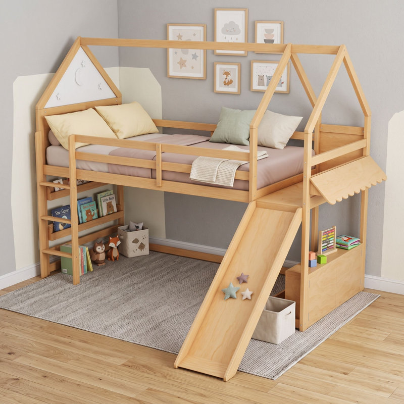 Lit mezzanine avec glissade et rangement, échelle, Lit simple, Naturel
