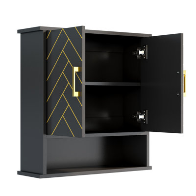 Wall Mounted Bathroom Medicine Cabinet With Open Shelves & Metal Handle