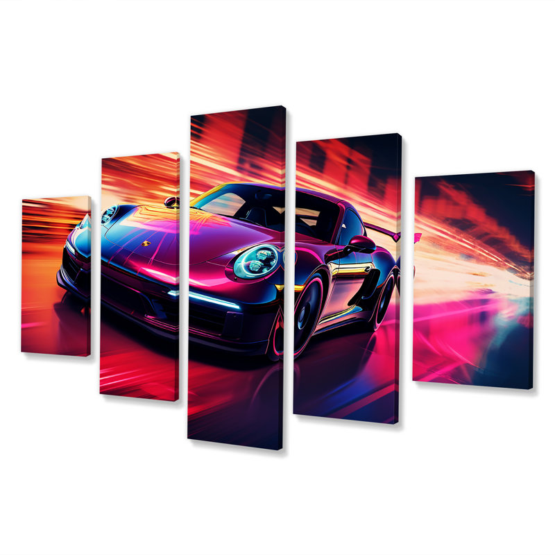 Futuriste fuchsia haute vitesse - art mural exotique de voiture 5 pièces, H 32 po x l 60 po