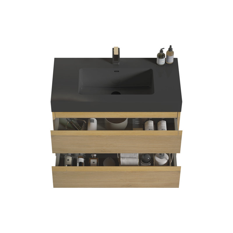 Meuble-lavabo élégant avec tiroirs doubles et conception sans poignée, offrant beaucoup de rangement et un look moderne.
