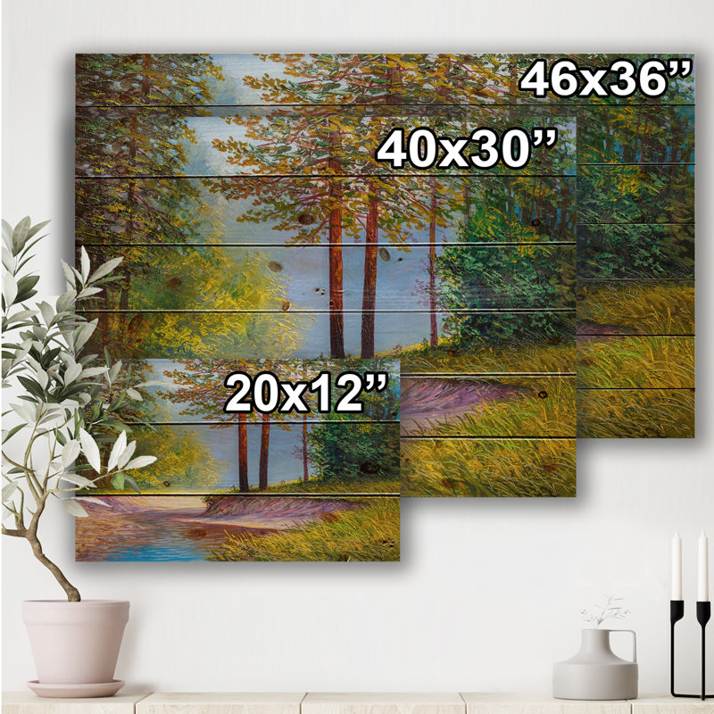 Deux arbres au soleil d'été par Lonely Forest Road - reproduction d'art sur bois sans cadre, H 12 po x l 20 po x p 1 po