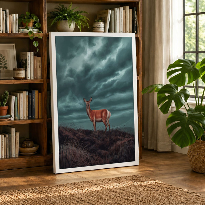 Deer in Storm Rustic 1 Piece Wrapped Canvas Wall Art, 18x12 - 45.7 x 30.5 cm, Taupe Border
