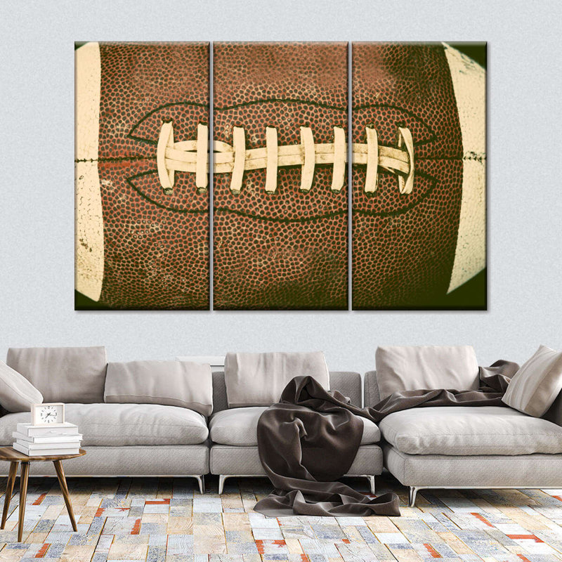 Vieux football sur toile, ensemble de 3 pièces, H 32 po x l 50 po x P 1,25 po