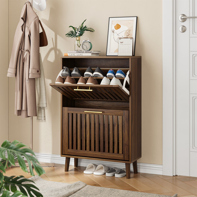 Tall Free Standing Shoe Organizer Rack, Walnut, 36.4" H x 23.6" W x 9.5" D