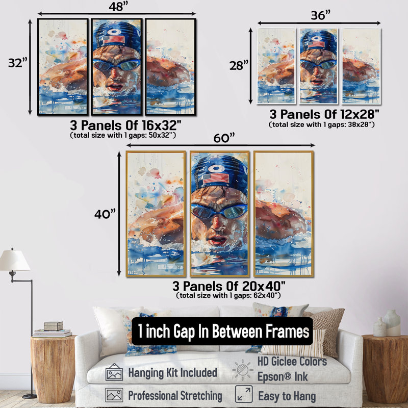«Natation concurrence aux Jeux olympiques II», ensemble de reproductions d'art mural, Toile avec cadre flottant noir
