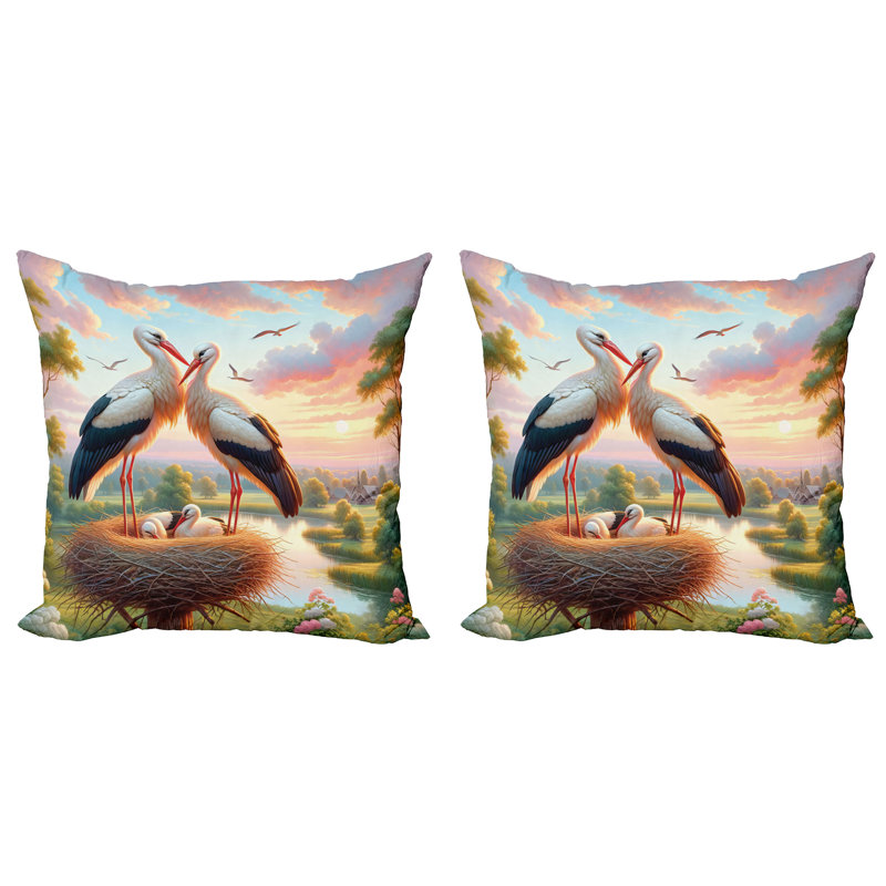Fern Green Multicolor Stork Print Microfiber Euro Pillow Covers, Set of 2