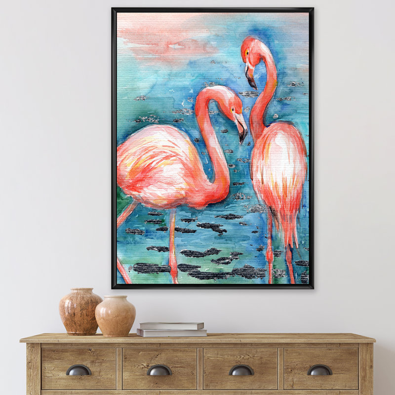 Flamants roses dans l'eau bleue I - reproduction encadrée sur toile, H 20 po x l 12 po x P 1po, Noir