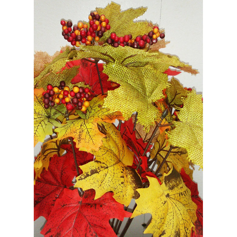 12 tiges artificielles en mélange de jute avec feuilles d'érable et baies, Mélange d'automne
