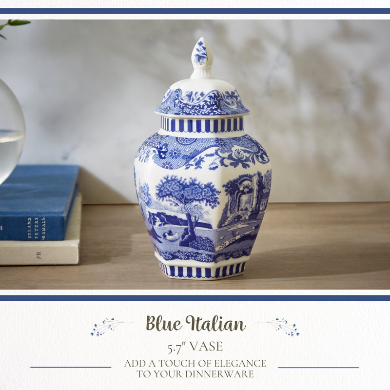 Spode Blue Italian Vase - Hexagonal & Lidded Design (Blue/White)