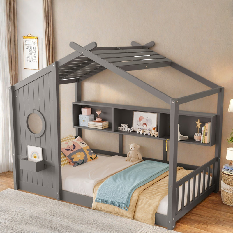 Lit sur pied avec tablettes de rangement, Simple, Gris