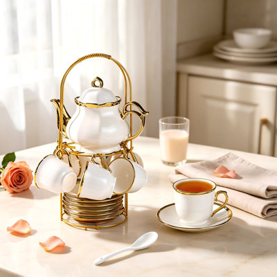 20 Pcs Porcelain Tea Set with Metal Holder, European Ceramic Tea Set for Adults, Coffee Tea Gift Sets, French Tea Cup Saucer Set for Party With Gold Trim (French White)
