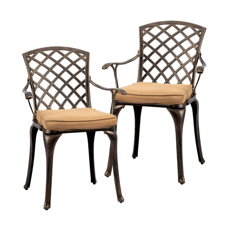 Élégante chaise de patio en aluminium coulé avec coussins latte (ensemble de 2)