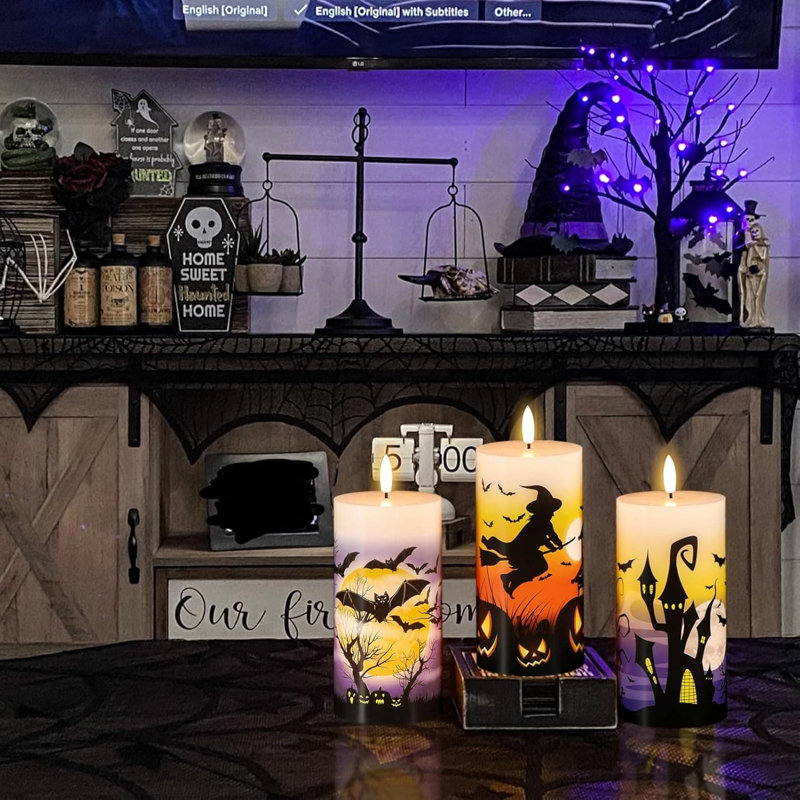3 Pack Halloween Flameless LED Candles - 6-Hour Timer, Battery-Operated Wax with Witch/Bats/Castle Decals, Flickering for Decor