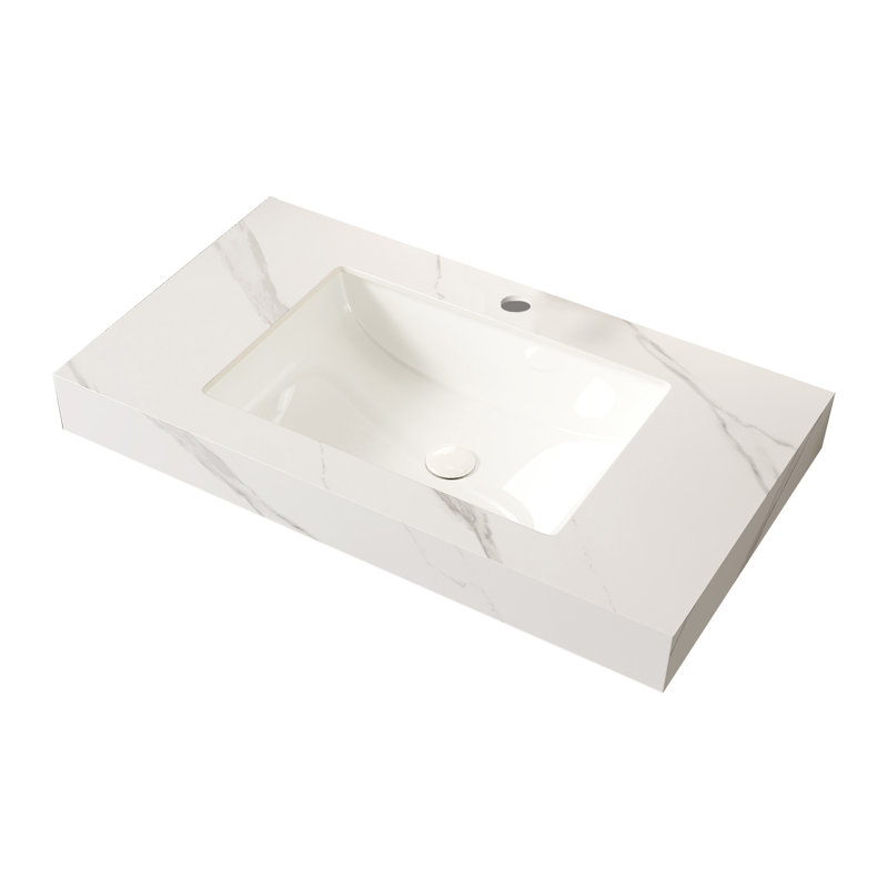 Comptoir en pierre frittée blanche de 36 po et lavabo encastré en céramique avec un trou standard pré-percé, sans armoire, sans robinet et couvercle de lavabo