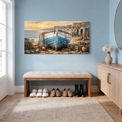 Fishing Boat And Coastal Village Canvas Wrapped Wall Art Set Of 1