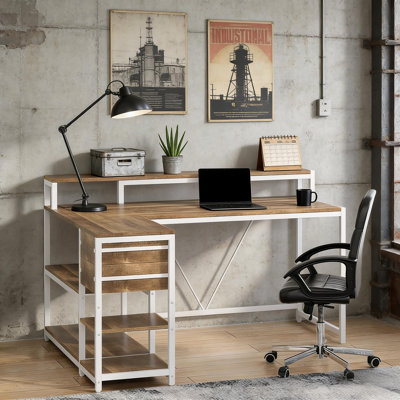 Bureau en L réversible - Bureau d'ordinateur d'angle avec support pour moniteur surélevé et tiroirs de rangement