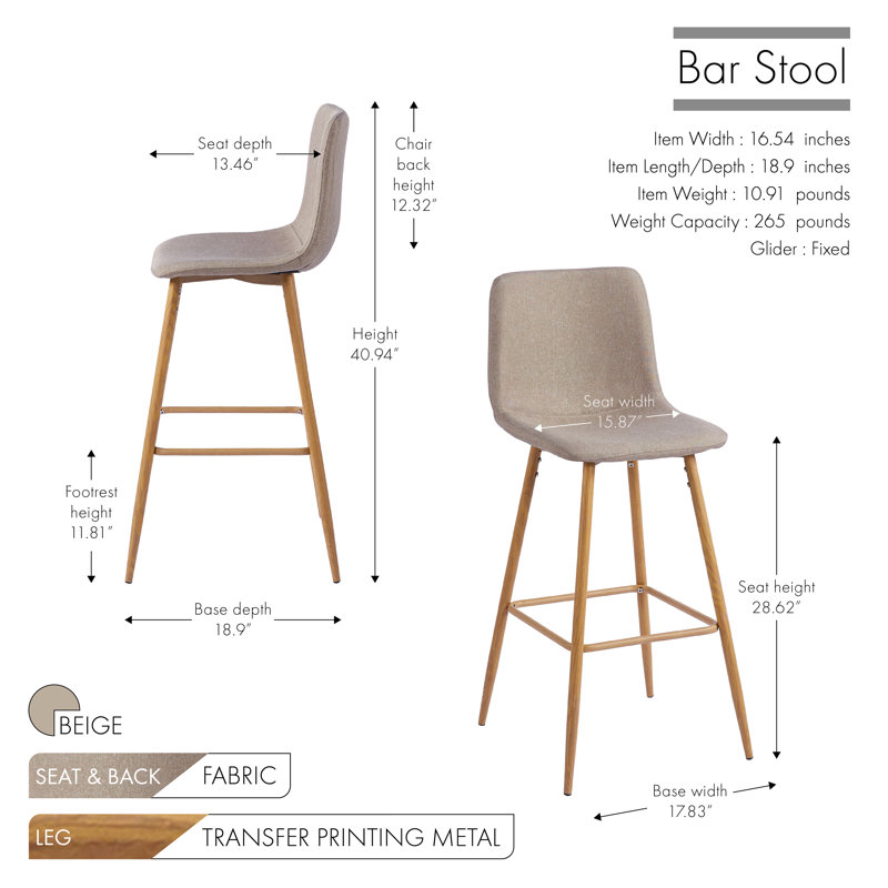 Ensemble de 2 tabourets de bar Corrigan Studio® Eila, revêtement en tissu, pieds en métal, Beige