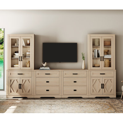 Extra-Large Entertainment Center With Tall Storage Bookcases, 4-In-1 Farmhouse TV Stand With 6 Drawers And Barn Door Cabinets, Media Console For Tvs Up To 70", For Living Room, Bedroom
