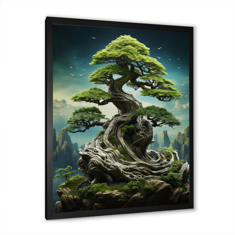 Art asiatique, sagesse bonsaï II, Toile encadrée noire simple, H 20 po x l 12 po x P 1 po
