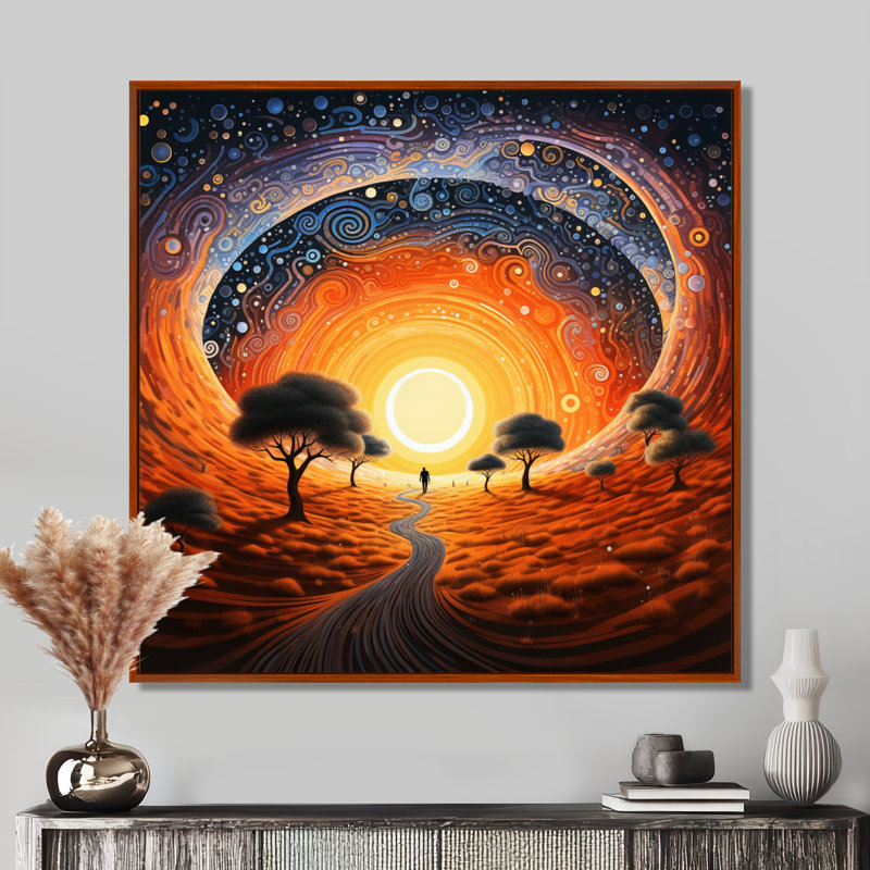 Celestial Loops Oasis Path - Paysage abstrait, art mural, salon, H 16 po x l 16 po, Cadre flottant brun