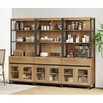 3 PCS Modern 72" Tall Buffet Cabinet With 3 Drawers And Open Shelves, Storage Cabinet And Display Shelves, Wooden Sideboard For Dining Room Or Kitchen
