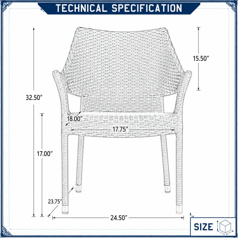 Ensemble de 4 fauteuils d'extérieur empilables avec osier en PE et structure en fer, résistant aux intempéries