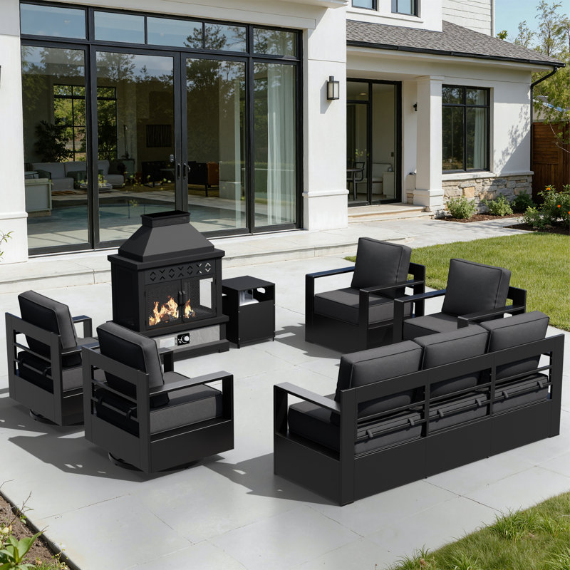 7-Seater Aluminum Patio Conversation Set with Gas Fireplace & Tank Cabinet,Gray Cushioned Sofa & Chairs, Gray