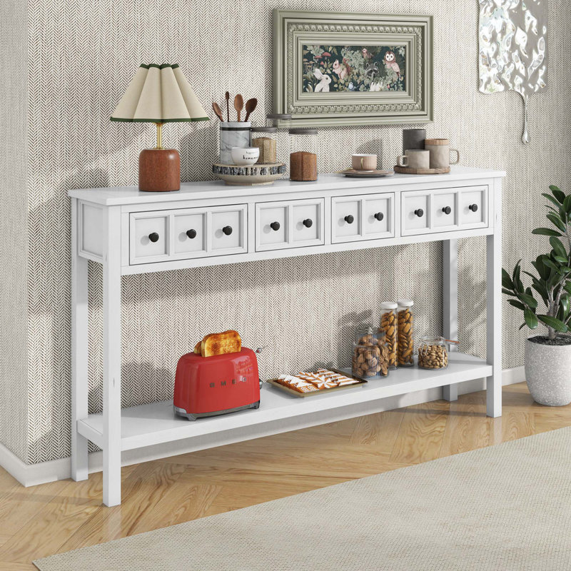 Wood Console Table with two Different Size Drawers, Bottom Shelf, Antique White