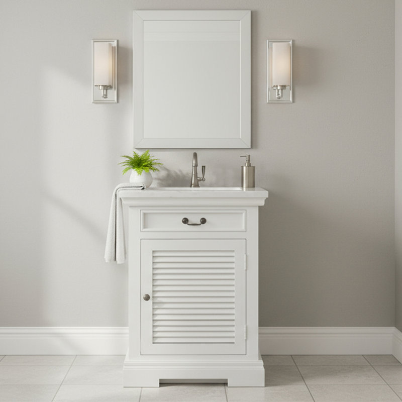 Meuble-lavabo simple 24 po à finition blanche et plateau en marbre blanc
