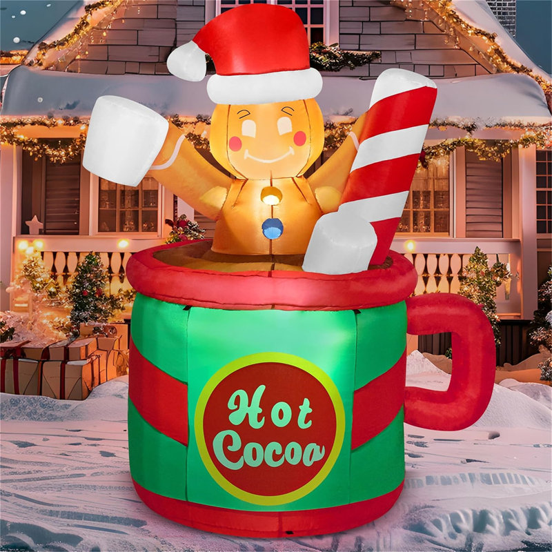 Décoration de Noël gonflable pour l'extérieur de 6 pi, bonhomme de pain d'épice gonflable dans une tasse de cacao chaud avec des lumières DEL intégrées pour une fête de Noël, intérieur, extérieur, jardin, pelouse, décor d'hiver