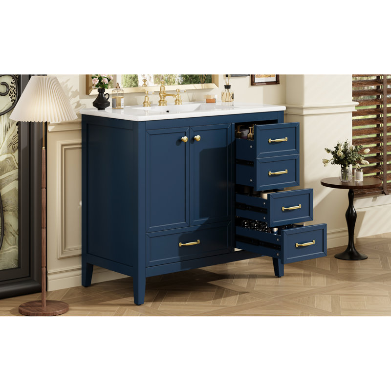 Meuble-lavabo bleu de 36 po avec lavabo en céramique lisse, structure en bois de pin massif, armoire de rangement, quatre tiroirs, pour l'entretien, un ensemble de 36 po avec cadre et pieds en tache, système de tiroir, facile