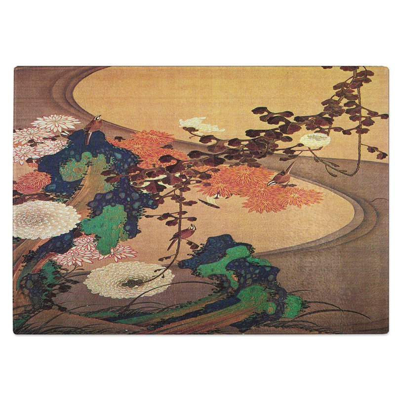 Tempered Glass Chrysanthemums and Birds Chopping Board, 39 cm W x 28.5 cm L
