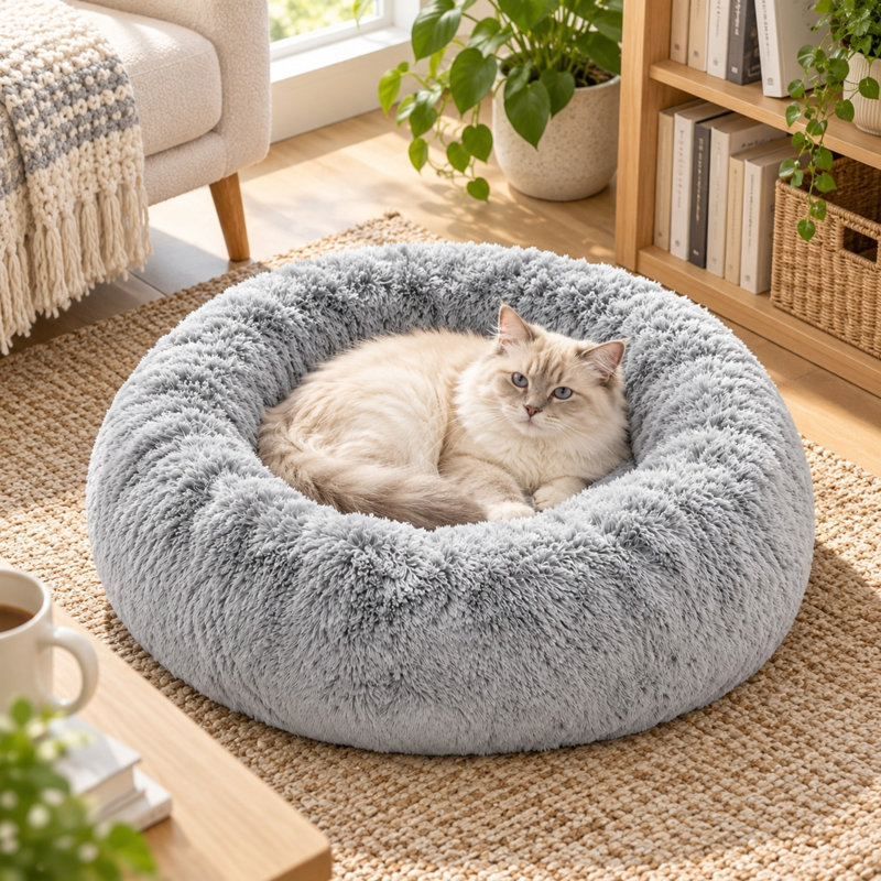 Coussin rond en fausse fourrure gris fumé pour petits chiens et chats, 50 cm