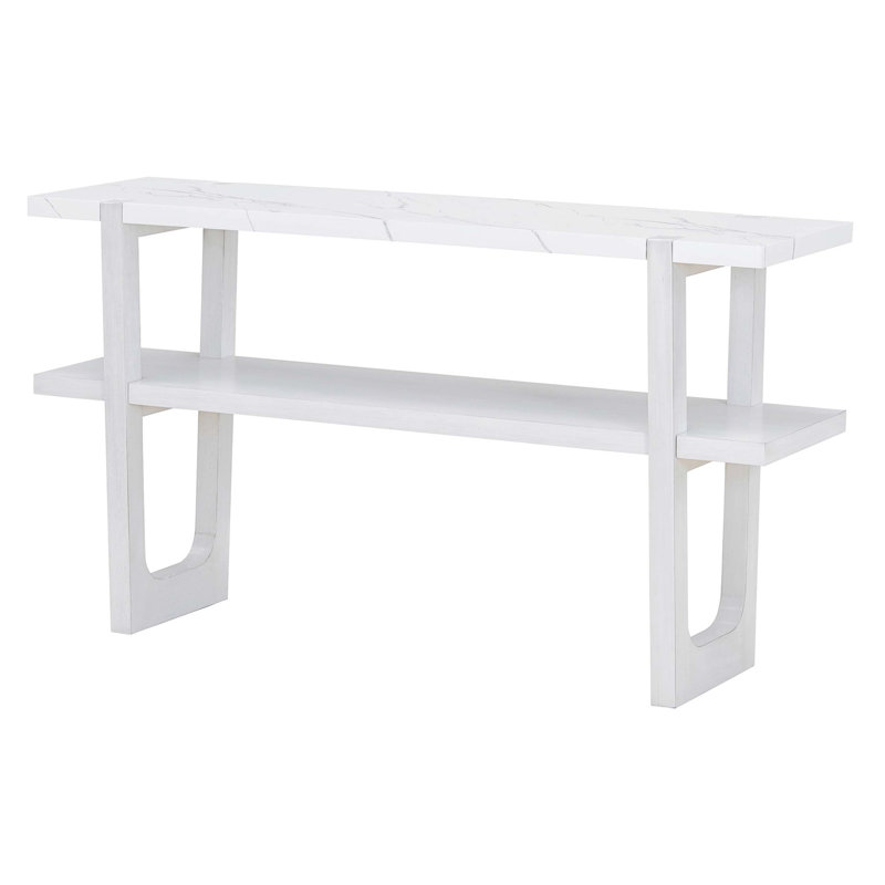 Narrow Console Table with Marble Effect Top, Retro Entryway Table with Open Shelf, Antique White