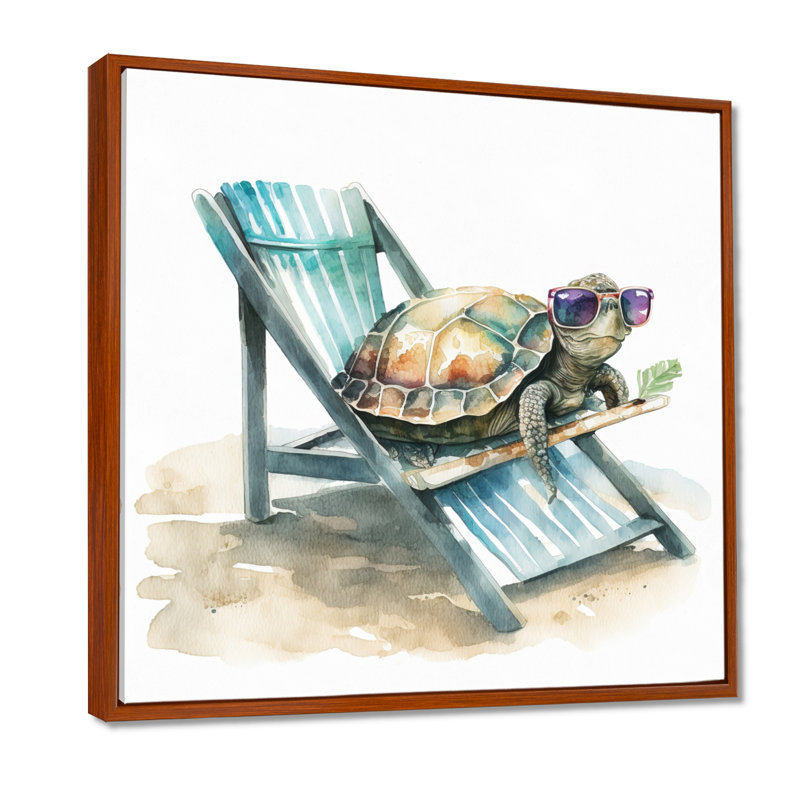 Tortue allongée sur une chaise de plage avec lunettes de soleil II - reproduction sur toile, H 30 po x l 30 po