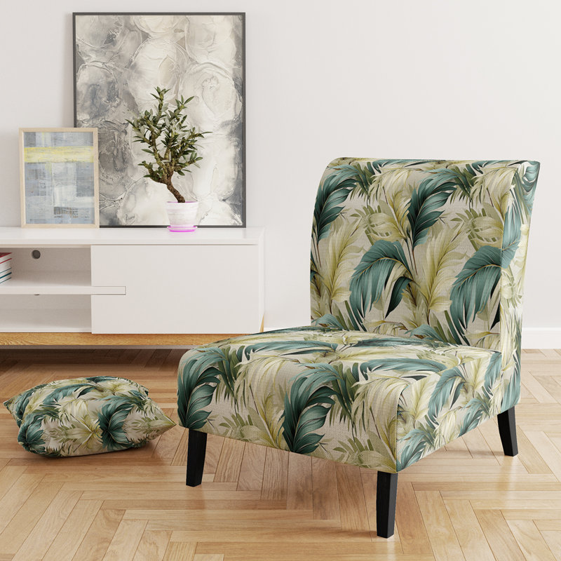 Neutral Tropics Tropical Pattern - Upholstered Coastal Slipper Chair, Tropical Leaves Accent Chair