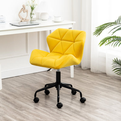 Fauteuil de bureau Diamond jaune captivant - Pivotant et réglable, revêtement d'assise en velours, fonction de relevage, base en métal, capitonnage lisse, réglable, pivotant, rembourré de mousse, équipé de roulettes