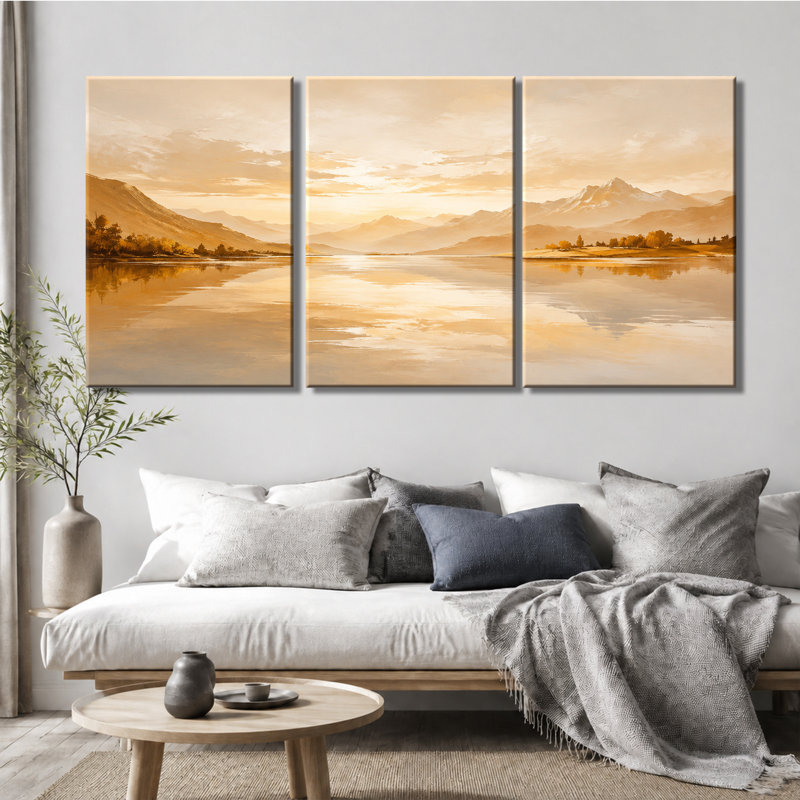 3 panneaux muraux Golden Tone Lake Mountain Reflection Landscape, reproduction d'art sur toile tendue, 20 * 30 pouces * 3