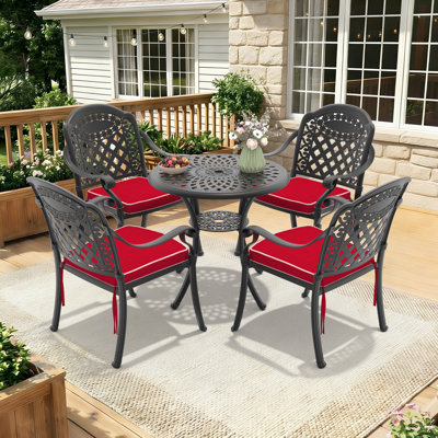5-Piece Cast Aluminum Patio Dining Set, Round 2-Person Outdoor Table And Chairs With Red Cushions